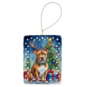 Pit Bull Terrier Christmas Reindeer Porcelain Ornament Christmas Tree Hanging Decorations for Home Christmas Holiday, Rectangle, Gift, Multicolor