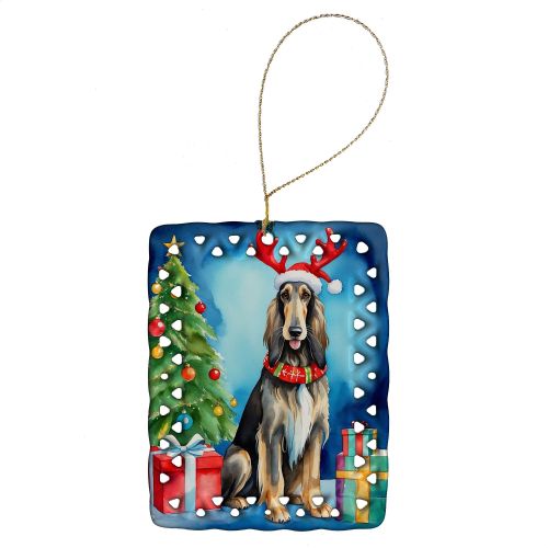Afghan Hound Christmas Reindeer Porcelain Ornament Christmas Tree Hanging Decorations for Home Christmas Holiday, Rectangle, Gift, Multicolor