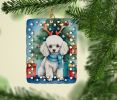 White Toy Poodle Christmas Reindeer Porcelain Ornament Christmas Tree Hanging Decorations for Home Christmas Holiday, Rectangle, Gift, Multicolor