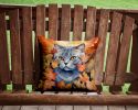 British Shorthair Cat in Fall Leaves Throw Pillow Machine Washable, Indoor Outdoor Decorative Pillow for Couch, Bed or Patio, 14Hx14W