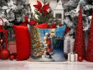 Fox Terrier and Santa Claus Throw Pillow Machine Washable, Indoor Outdoor Decorative Pillow for Couch, Bed or Patio, 14Hx14W