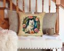 Japanese Spitz and Flowers Throw Pillow Machine Washable, Indoor Outdoor Decorative Pillow for Couch, Bed or Patio, 14Hx14W