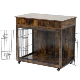 38.4" Wooden Dog Crate Furniture Decorative Pet Cage Dog Kennel with 2 Drawers (Color: As Picture)